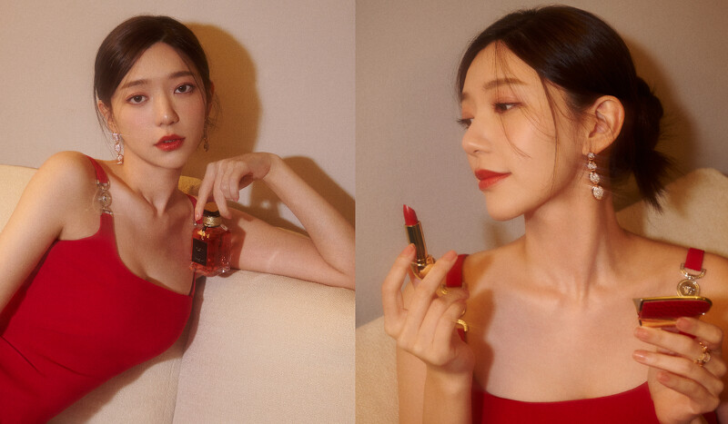 藝術沙龍午夜巴黎淡香精、ROUGE G紅寶之吻高訂唇膏,all by Guerlain。紅色金釦連衣裙,Versace;金色排鑽耳環、金色波浪碎鑽戒指、淡金波浪碎鑽戒指、玫瑰金波浪碎鑽戒指,all by APM。 藝術沙龍午夜巴黎淡香精、ROUGE G紅寶之吻高訂唇膏,all by Guerlain。紅色金釦連衣裙,Versace;金色排鑽耳環、金色波浪碎鑽戒指、淡金波浪碎鑽戒指、玫瑰金波浪碎鑽戒指,all by APM。