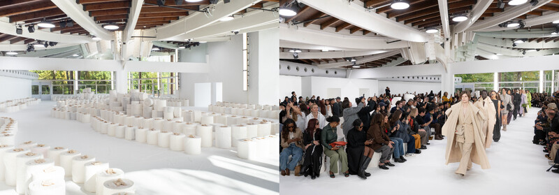 展場中使用的座椅是由壓縮的紙張製成的圓柱體,是ISSEY MIYAKE褶皺技術中的衍伸產物,紋理類似於樹木的年輪更象徵著時間的流逝。 展場中使用的座椅是由壓縮的紙張製成的圓柱體,是ISSEY MIYAKE褶皺技術中的衍伸產物,紋理類似於樹木的年輪更象徵著時間的流逝。