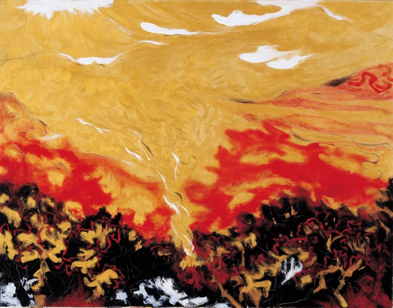 鄭瓊娟，《陽》，2003，油彩、畫布，91×116.5公分。臺北市立美術館典藏。臺灣戰後第一代女性藝術家鄭瓊娟，是「五月畫會」創始成員，藝術家生前於2022至2023年間將其畢生重要作品捐贈北美館，從早期畢業的寫實作品到邁向千禧年轉化發展的心象畫，創作歷程曾為了照顧家庭而中斷創作近十年，重拾畫筆後改變風格為奔放且具生命力，探討潛意識、大氣、陰陽與禪學等內在思維。