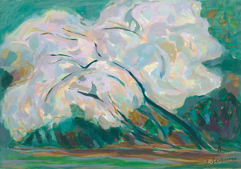 李芳枝，《夢蝶》，1979，油彩、畫布，50×70.5公分。臺北市立美術館典藏。李芳枝之子亦主動自瑞士捐贈作品與大量文獻，開啟讓世人重新深度認識的契機，藝術家擅長以寫生方式表達對眼前所見事物的愛好，從粉彩、油彩或水墨等不同媒材，釋放出情感充沛的能量。