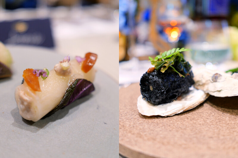 「鮪魚佐雷莫拉醬|青蘋果|白蘿蔔|烏魚子」與「炸牡蠣|蝦慕斯|墨魚汁|大蒜、蔥」。 「鮪魚佐雷莫拉醬|青蘋果|白蘿蔔|烏魚子」與「炸牡蠣|蝦慕斯|墨魚汁|大蒜、蔥」。