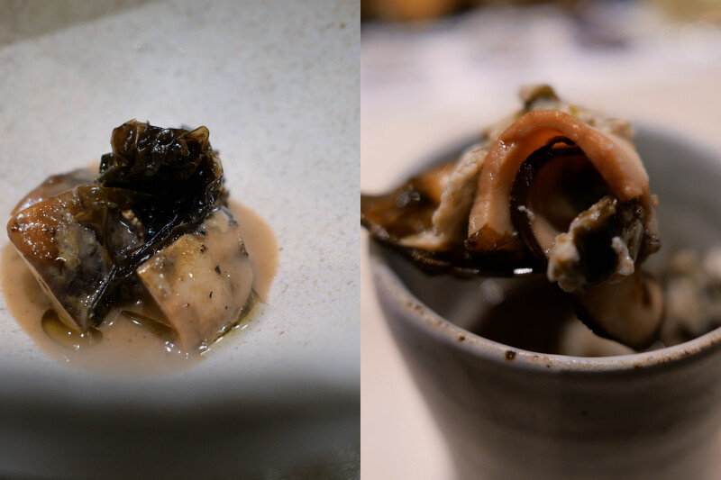 「鮑魚|香菇|海藻慕斯|甘草清湯」。 「鮑魚|香菇|海藻慕斯|甘草清湯」。