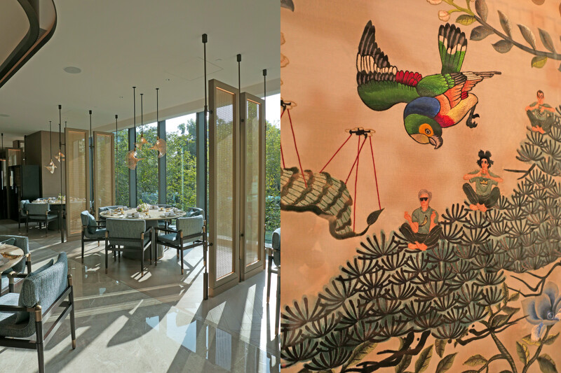 高雅空間中放進台灣藝術家張簡士揚創作的《洲遊行草花鳥圖》，是最引人目光的藝術屏風。