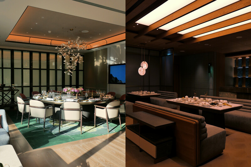 左為採光明亮的包廂空間，右為使用水族箱構築的用餐空間。