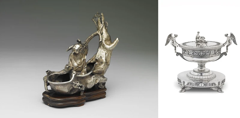 朱碧山款「張騫乘槎」銀槎,元至明 (1271–1644年)國立故宮博物院;《蓋碗》(TUREEN)_Jean-Baptiste Odiot,法國,(1819年)巴黎裝飾藝術博物館。 朱碧山款「張騫乘槎」銀槎,元至明 (1271–1644年)國立故宮博物院;《蓋碗》(TUREEN)_Jean-Baptiste Odiot,法國,(1819年)巴黎裝飾藝術博物館。