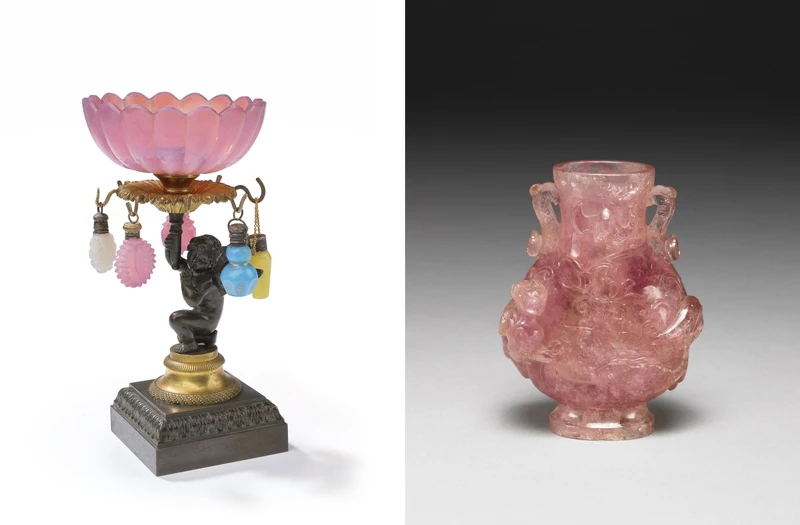 戒指座,法國貝西(Bercy)水晶廠(1815—1830年)裝飾藝術博物館;碧璽雙耳瓶,清 (1644–1911 年)國立故宮博物院。 戒指座,法國貝西(Bercy)水晶廠(1815—1830年)裝飾藝術博物館;碧璽雙耳瓶,清 (1644–1911 年)國立故宮博物院。