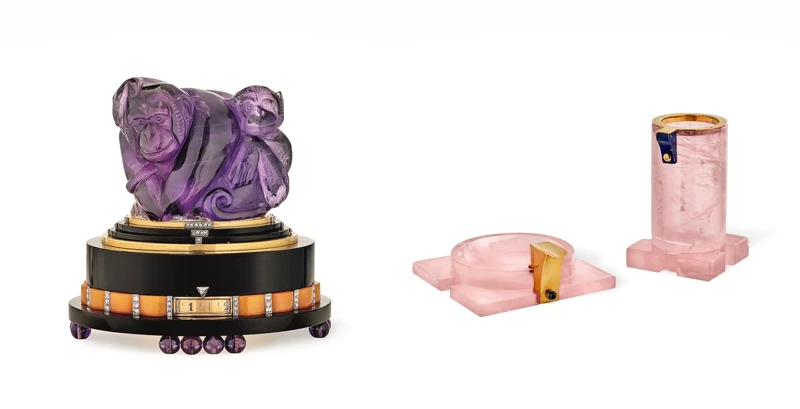 猴飾桌鐘(1926年)Van Cleef & Arpels Collection;煙具套組(約1930年)Van Cleef & Arpels Collection。 猴飾桌鐘(1926年)Van Cleef & Arpels Collection;煙具套組(約1930年)Van Cleef & Arpels Collection。