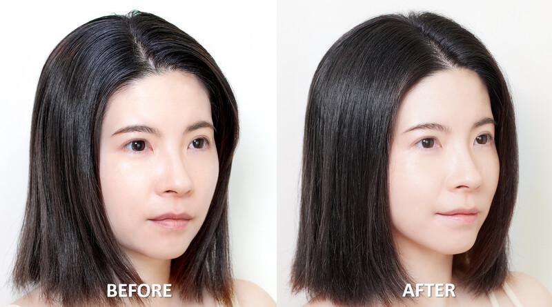 左：未使用前，頭髮出油扁塌、頭皮悶悶不透氣，右：使用後，頭皮清爽會呼吸、頭髮蓬鬆輕盈。