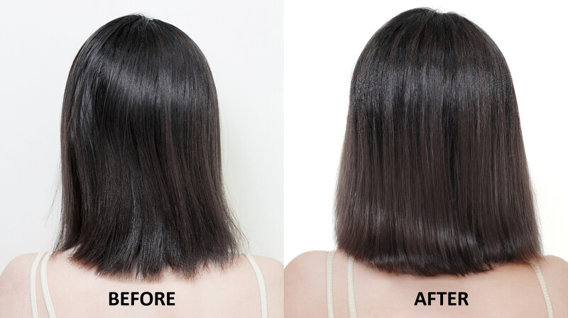 左：未使用前，頭皮出油、頭髮扁塌，右：使用後，頭皮清爽、頭髮蓬鬆。