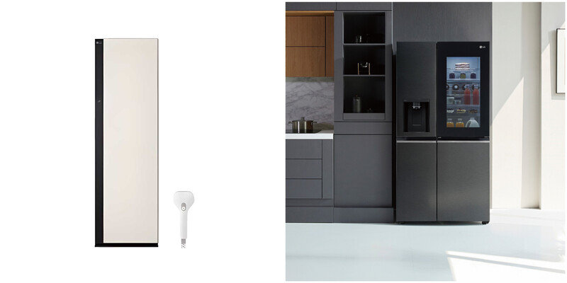 集雅社ALL NEW Styler蒸氣電子衣櫥Objet Collection手持蒸氣掛燙款，推薦價NT59,900 (DIAMOND TOWERS)；LG InstaView™敲敲看門中門冰球冰箱 星夜黑/734公升(GR-QPLC82BS)，推薦價NT89,900(台南新天地)。