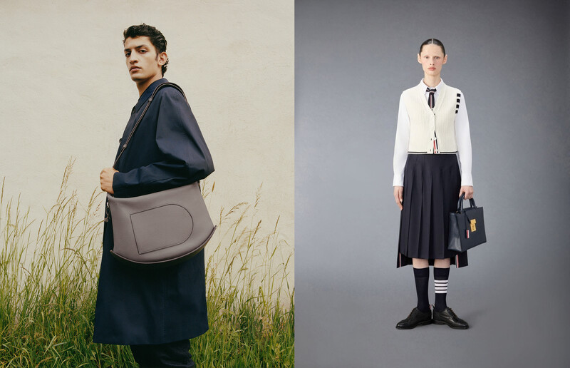 DELVAUX Pin Swing XL石韻灰(DIAMOND TOWERS)、ART HAUS THOM BROWNE 初剪羊毛背心，推薦價NT29,200(台南新天地SKM ONLY)。