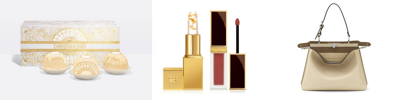 迪奧香氛世家系列 室內擴香組(伊甸岩度假香氛/月桂饗宴香氛/橙之花園香氛/尊爵烏木香氛) 推薦價NT24,500(DIAMOND TOWERS 11.14新品上市)；TOM FORD絨霜唇萃金箔唇膏組，推薦價NT4,085(DIAMOND TOWERS 11月14日新品上市)；FENDI小牛皮Peekaboo Soft包款(DIAMOND TOWERS)。