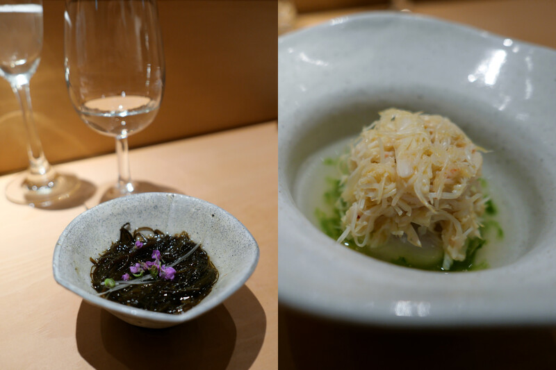 水雲醋與毛蟹芋頭麻糬。 水雲醋與毛蟹芋頭麻糬。