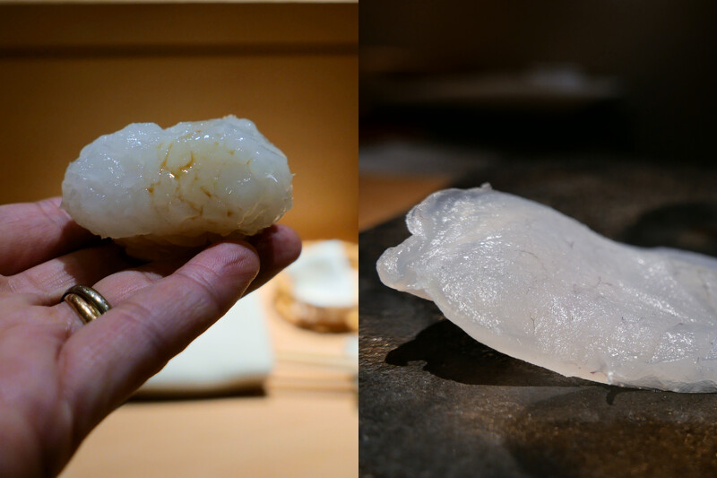 軟絲與虎尾魚刺身。 軟絲與虎尾魚刺身。