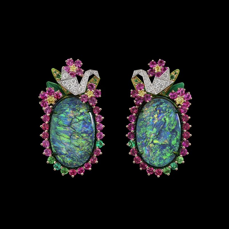 Diorigami Cocotte 黑色蛋白石耳環