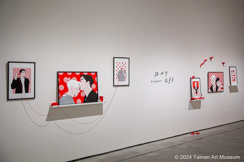 藝術家每日青菜為此次展覽製作全新的空間裝置,讓《Day Off》角色的情感互動突破二次元限制。(南美館提供) 藝術家每日青菜為此次展覽製作全新的空間裝置,讓《Day Off》角色的情感互動突破二次元限制。(南美館提供)