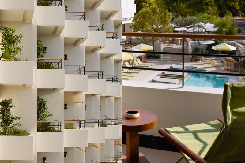 淡雅色澤的客房設計皆有懸臂式陽台，充滿海邊度假風情。