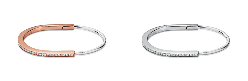 Tiffany Lock 18K玫瑰金及白金半舖鑲鑽石窄版手環;Tiffany Lock 18K白金半舖鑲鑽石窄版手環。 Tiffany Lock 18K玫瑰金及白金半舖鑲鑽石窄版手環;Tiffany Lock 18K白金半舖鑲鑽石窄版手環。