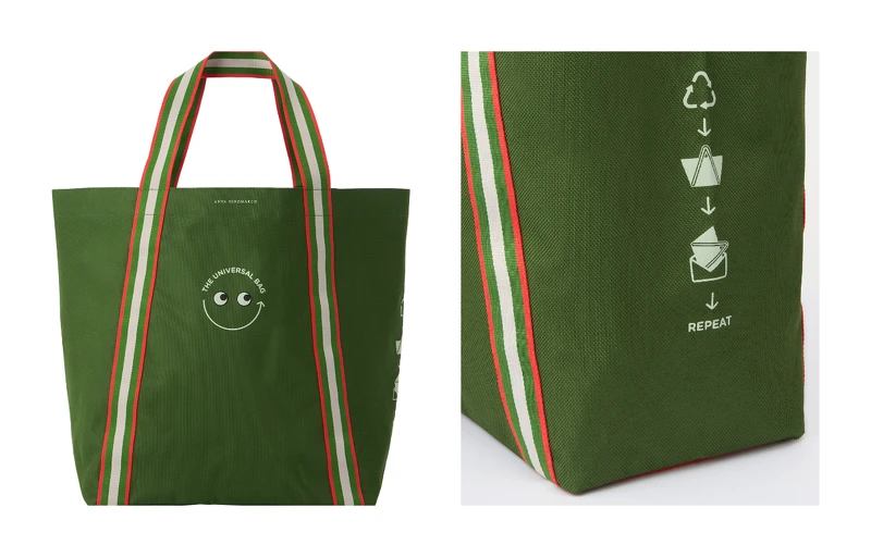 ANYA HINDMARCH的「The Universal Bag」購物袋採用100%再生塑料製成,每個製作步驟和所用物料均經過全球回收標準(Global Recycling Scheme, GRS)認證,是名副其實100%再生產品。 ANYA HINDMARCH的「The Universal Bag」購物袋採用100%再生塑料製成,每個製作步驟和所用物料均經過全球回收標準(Global Recycling Scheme, GRS)認證,是名副其實100%再生產品。
