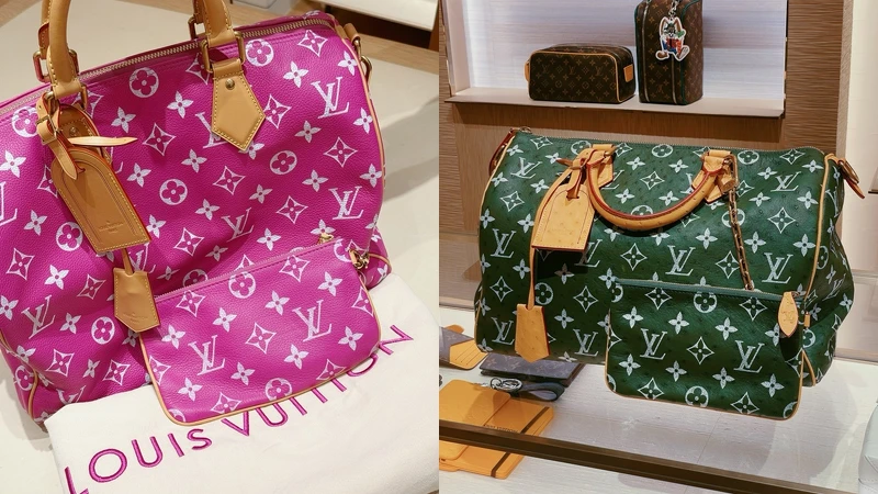 Speedy P9 Bandoulière 40 瑪瑙粉色小牛皮肩背包NT$362,000、Speedy P9 Bandoulière 40 橄欖綠色鴕鳥皮肩背包，NT$1,160,000。