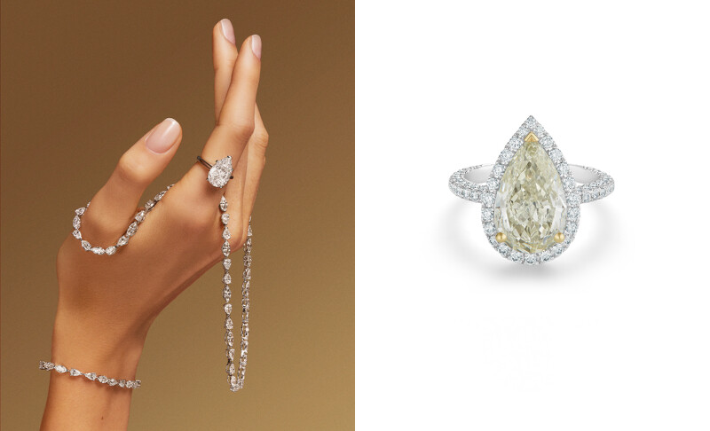從珍稀彩鑽到璀璨白鑽，De Beers提供豐富且品質卓越的美鑽，圖右為De Beers Aura高級珠寶梨形切割黃鑽戒指。價格店洽