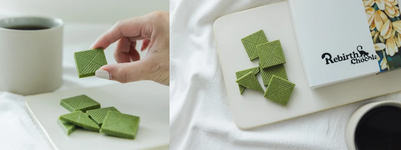 Rebirth Chocolate_宜蘭青茶花椒白巧克力禮盒$650,攝影:Jimmy Yang。 Rebirth Chocolate_宜蘭青茶花椒白巧克力禮盒$650,攝影:Jimmy Yang。