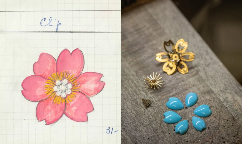 Rose de Noël胸針產品紀錄卡,1970年Van Cleef & Arpels Archives。圖右:組裝作品前配對凸圓形切割寶石。 Rose de Noël胸針產品紀錄卡,1970年Van Cleef & Arpels Archives。圖右:組裝作品前配對凸圓形切割寶石。