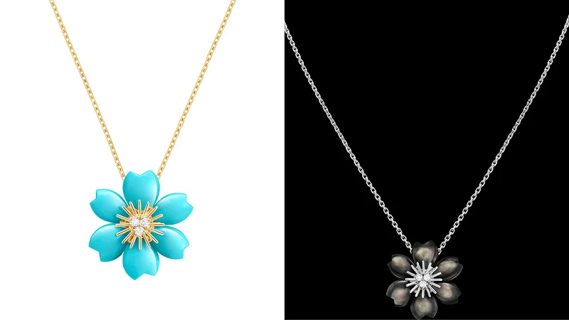 Rose de Noël系列吊墜(迷你款式,18K白金,鑲嵌灰色珍珠母貝和鑽石)、Rose de Noël系列吊墜(迷你款式,18K黃金,鑲嵌綠松石和鑽石)。 Rose de Noël系列吊墜(迷你款式,18K白金,鑲嵌灰色珍珠母貝和鑽石)、Rose de Noël系列吊墜(迷你款式,18K黃金,鑲嵌綠松石和鑽石)。