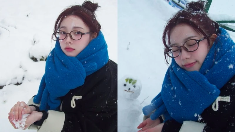 aespa人氣歌手Karina,換上可愛的藍色圍巾,在雪地堆起學人,可可愛愛。 aespa人氣歌手Karina,換上可愛的藍色圍巾,在雪地堆起學人,可可愛愛。