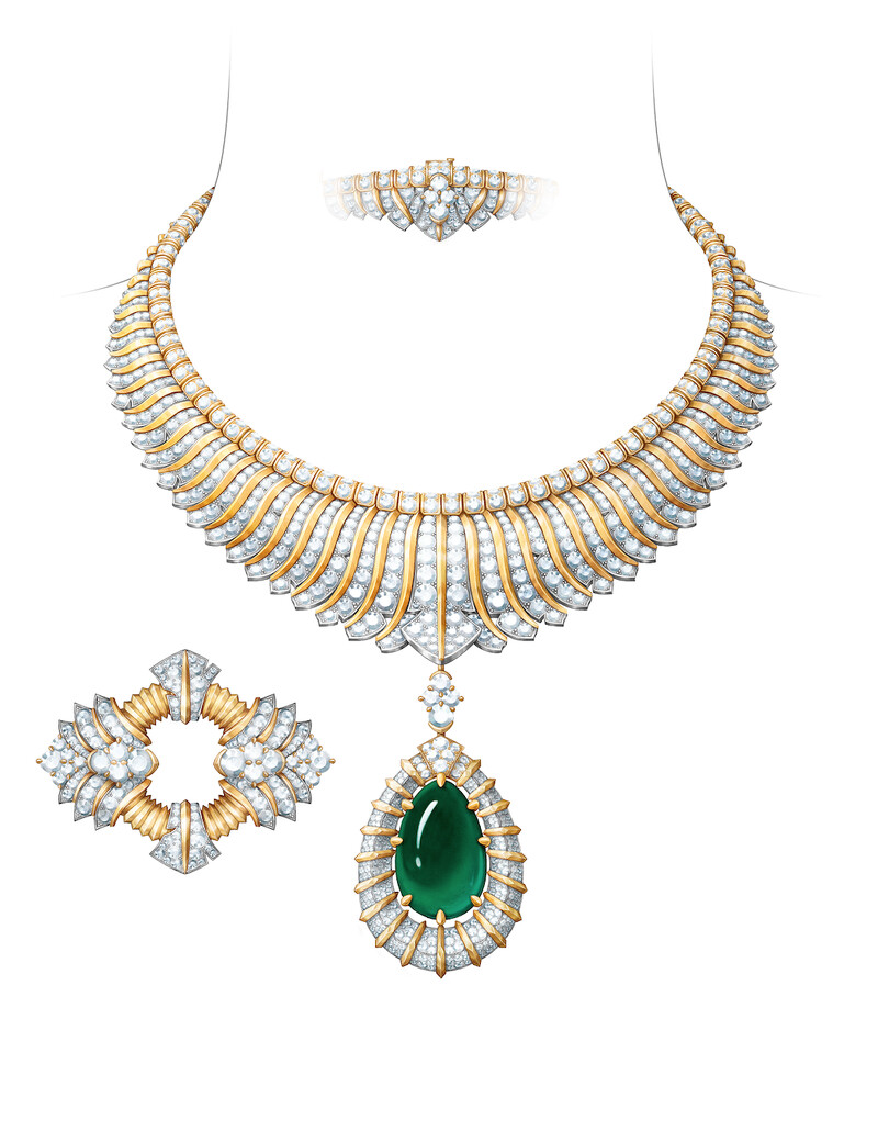 Palmeraie merveilleuse 項鍊及胸針,連可拆式吊墜 黃K金、白K金、一顆47.93克拉凸圓形切割祖母綠、鑽石