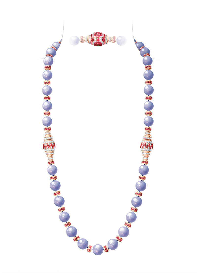 Lanternes Mystérieuses 可轉換式長項鍊 玫瑰金、Traditional Mystery Set傳統隱密式鑲嵌拱頂紅寶石、 共重930.21克拉的31顆薰衣草紫色翡翠玉珠、 紅寶石、藍寶石、鑽石