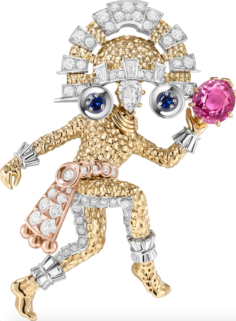 Danseur de Tikal胸針 黃K金、玫瑰金、白K金、 一顆3.10克拉橢圓形粉紅色藍寶石、藍色藍寶石、鑽石