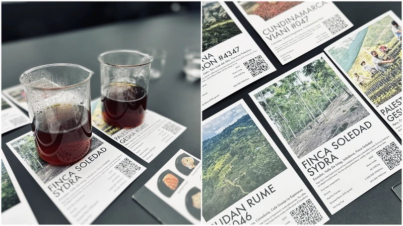 沖好的咖啡會直接放在豆單上。/店內提供的豆單詳細記載關於咖啡豆的各種資訊。 沖好的咖啡會直接放在豆單上。/店內提供的豆單詳細記載關於咖啡豆的各種資訊。