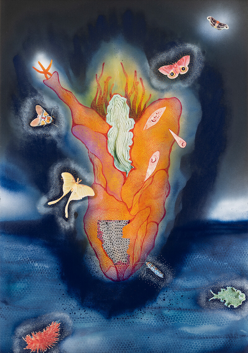 草間彌生,《夜晚的花瓣》,1995,115 × 72 cm,拼貼、水彩、粉彩、紙©草間彌生 草間彌生,《夜晚的花瓣》,1995,115 × 72 cm,拼貼、水彩、粉彩、紙©草間彌生