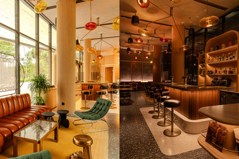 木桌椅、皮沙發以及醒目、色彩繽紛的吊燈。 木桌椅、皮沙發以及醒目、色彩繽紛的吊燈。