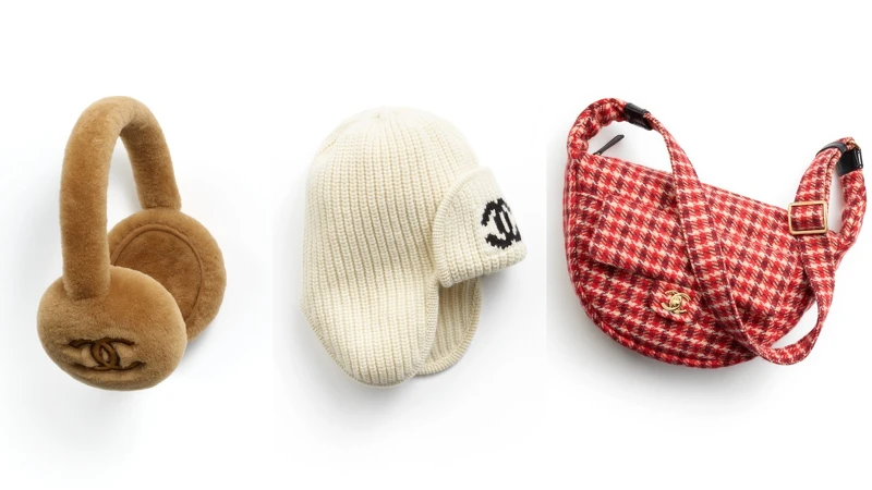棕色雙C LOGO耳罩 NT35,800、白色雙C LOGO毛帽 NT28,200、紅色千鳥格紋肩背包 NT166,500
