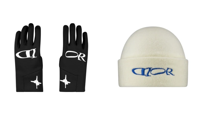 DIOR AND LEWIS HAMILTON黑色科技纖維滑雪手套 NT15,500、DIOR AND LEWIS HAMILTON白色混紡羊毛搭配藍色刺繡DIOR標誌毛帽 NT25,000