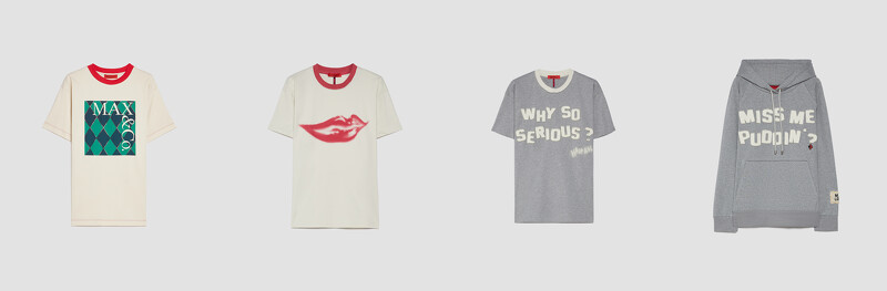 MAD LOVE方型LOGO T-shirt、小丑壞笑短袖T-shirt、小丑語錄短袖T-shirt，各NT 7,000、寬版連帽衛衣(月光灰-想我嗎寶貝)，NT 14,100。 