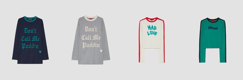午夜藍長袖寬版刺繡T-shirt、月光灰長袖寬版刺繡T-shirt，各NT 8,500。長袖撞色拼接T-shirt(粉白-瘋狂的愛)、長袖撞色拼接T-shirt(祖母石綠-小丑瘋狂的笑聲)，各NT 6,300。 