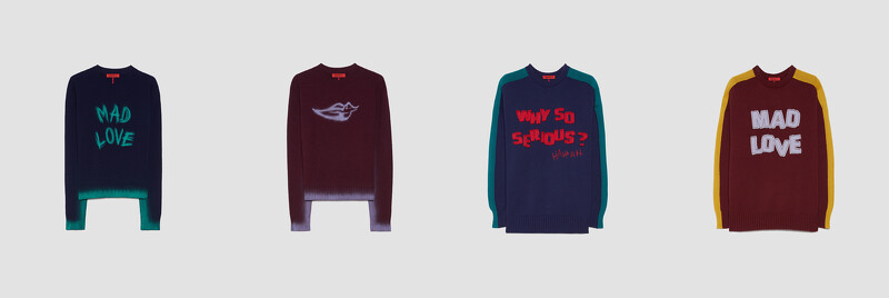 羊毛圓領針織衫(午夜藍-瘋狂的愛)、羊毛圓領針織衫(勃根地酒紅-小丑壞笑)，各NT16,800。寬版貼布繡棉線衫(午夜藍-幹嘛那麼認真)、寬版貼布繡棉線衫(勃根地酒紅-瘋狂的愛)，各NT 16,800。 