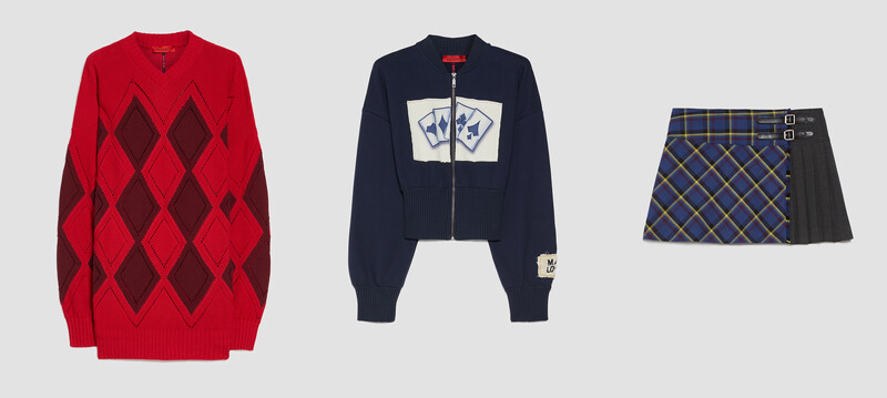 菱格紋鏤花蕾絲針織衫、NT 14,100、短版棒球外套，NT 11,900、A-line蘇格蘭短裙，NT 10,300。