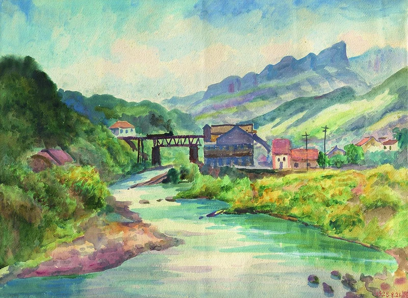 倪蔣懷,《猴硐礦區》,1928,水彩、紙,49 × 66 公分。臺北市立美術館典藏。 倪蔣懷,《猴硐礦區》,1928,水彩、紙,49 × 66 公分。臺北市立美術館典藏。