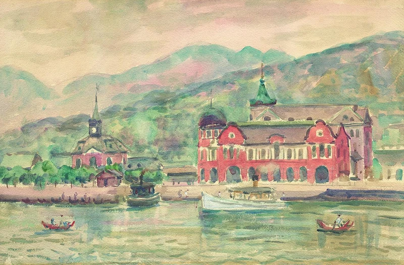 倪蔣懷,《基隆驛頭》,1926,水彩、紙,35 × 52 公分。臺北市立美術館典藏。 倪蔣懷,《基隆驛頭》,1926,水彩、紙,35 × 52 公分。臺北市立美術館典藏。