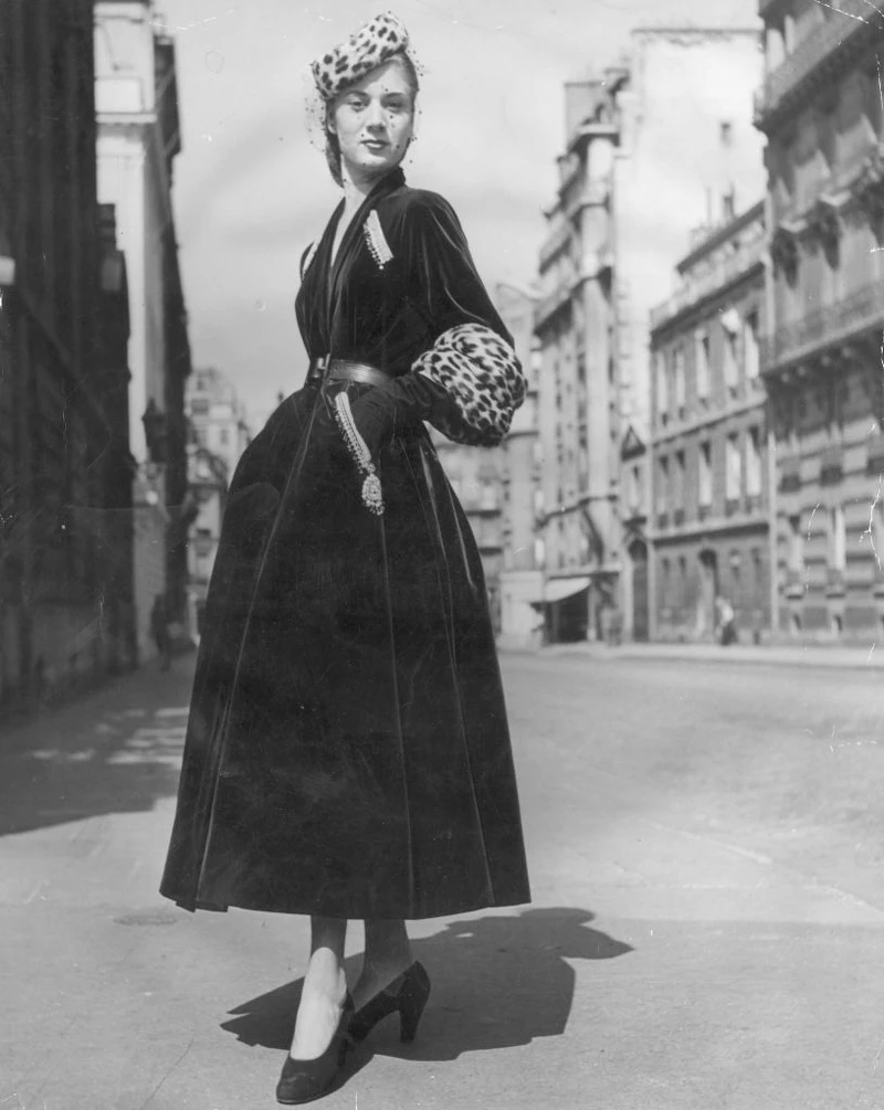 27th September 1947: 'Prince Igor', a Christian Dior design of full skirted green velvet coat with tight belt, gold and silver embroidery over slant pockets and deep leopard skin cuffs on three quarter length sleeves. A pillbox hat is also of leopard skin. (Photo by Savitry/Picture Post/Hulton Archive/Getty Images) 27th September 1947: 'Prince Igor', a Christian Dior design of full skirted green velvet coat with tight belt, gold and silver embroidery over slant pockets and deep leopard skin cuffs on three quarter length sleeves. A pillbox hat is also of leopard skin. (Photo by Savitry/Picture Post/Hulton Archive/Getty Images)