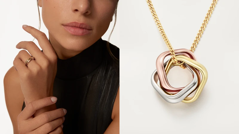 Trinity三環戒指小型款(左)、Trinity三環項鍊枕形款。 Trinity三環戒指小型款(左)、Trinity三環項鍊枕形款。