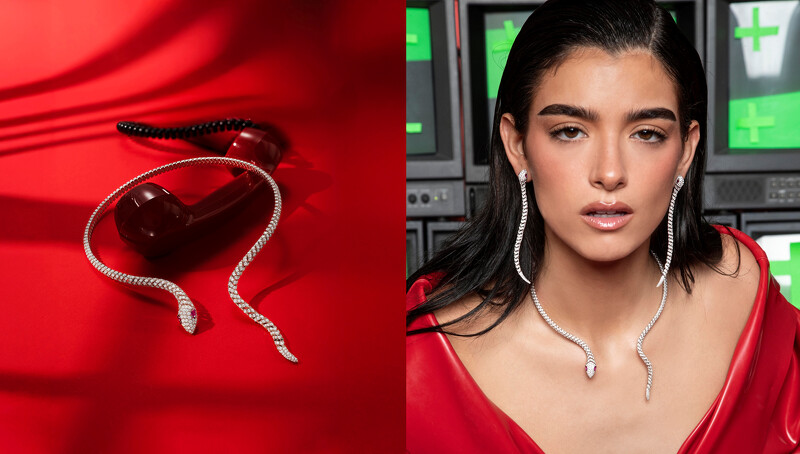 左 : 密鑲Kaa纏繞式項圈，右:全球品牌代言人美國歌手Dixie D'Amelio