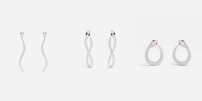 左 : 密鑲Kaa垂墜耳環NT 10,500 ；中 : 密鑲Kaa耳環NT6,600 ；右 : 密鑲Kaa耳環NT8,800