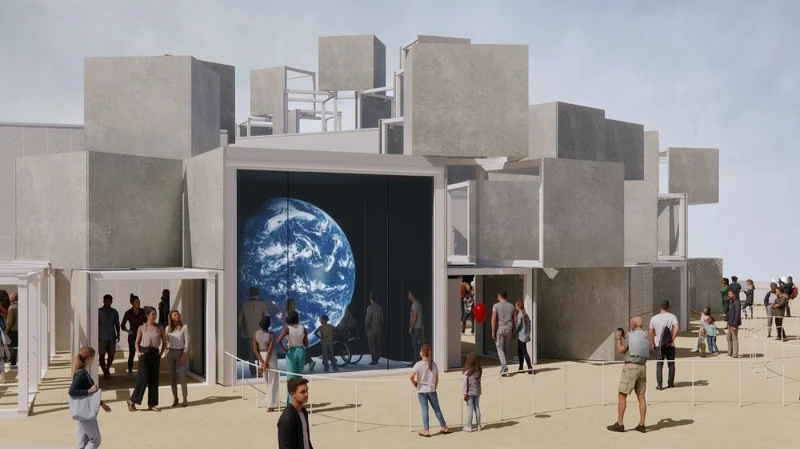 外觀由不同大小單位的方塊組成,這座被稱為「生命礁石」(いのちの礁)。 外觀由不同大小單位的方塊組成,這座被稱為「生命礁石」(いのちの礁)。