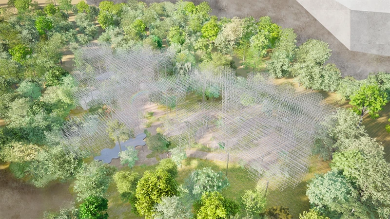 這是一座沒有屋頂與牆壁的展館。 這是一座沒有屋頂與牆壁的展館。