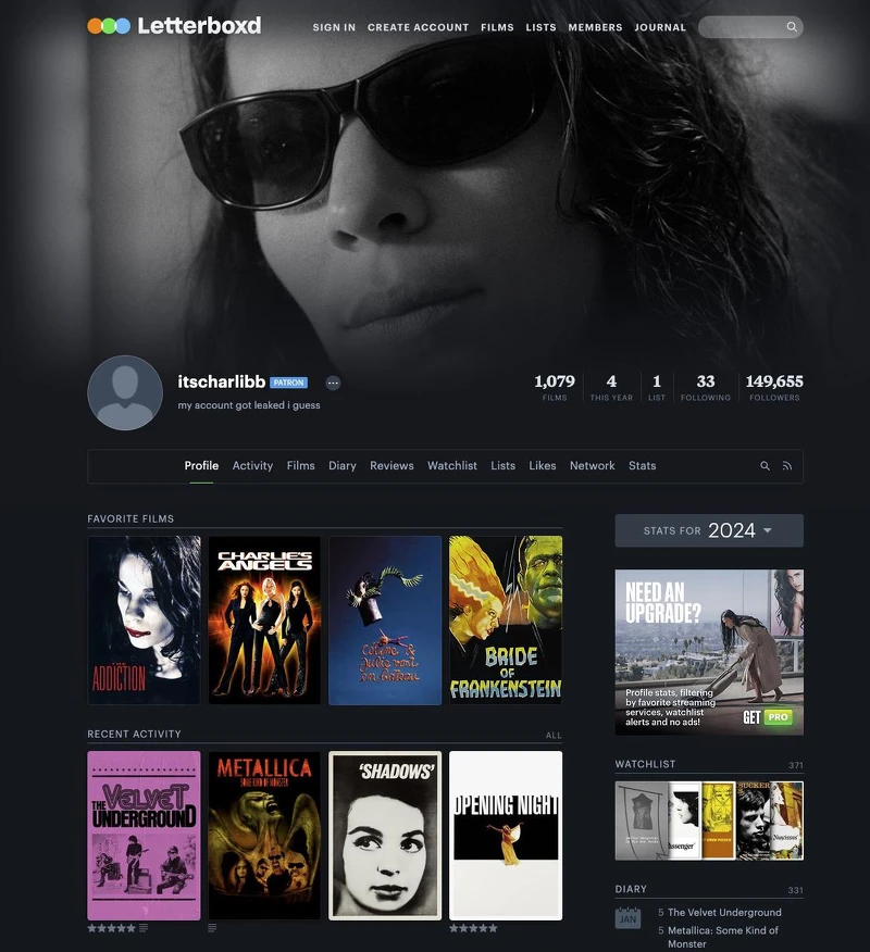 Charli XCX 的 Letterboxd 個人介面
